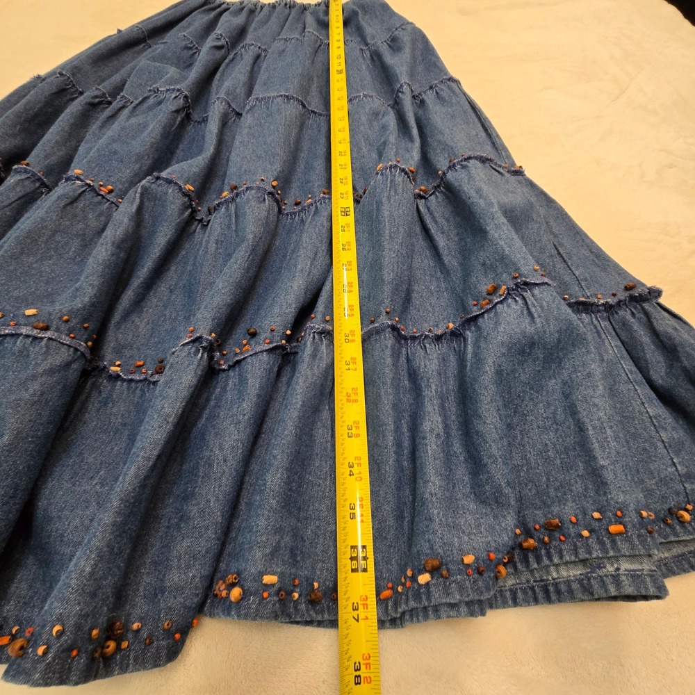 Keren Hart Blue Denim Beaded Skirt Set Jacket L Skirt M Boho Western Tiered Maxi - Picture 4 of 16